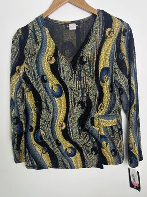 NWT! Sharon Anthony MD Blue Gold Abstract Swirl Buckle Wrap Artsy Y2K Top Shirt thumbnail 1