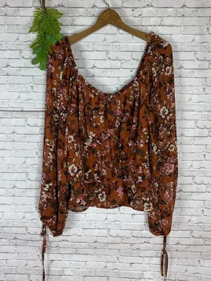 Lost and Wander Burnt Orange Terracotta Floral Peasant Blouse thumbnail 1