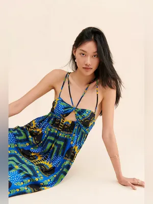 Antrhopologie Incerti midi dress small bandeau strappy blue black cat print thumbnail 9
