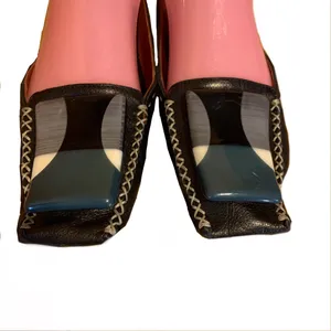 Marc Jacobs Black Leather Driving Loafer Shoes With Teal & Cream Decor (36.5) thumbnail 5