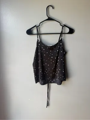 Pink Rose Black Star Print Satin Cami Tank Top Ruched Adjustable Front Tie Women’s M thumbnail 5
