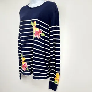 Polo Ralph Lauren Tee Women SM Navy White Stripe‎ Hibiscus Long Sleeve Nautical thumbnail 3