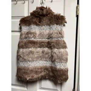 Dylan Women‎ Large Faux Fur Striped Vest Brown Tan Cream Open Front Lined thumbnail 3