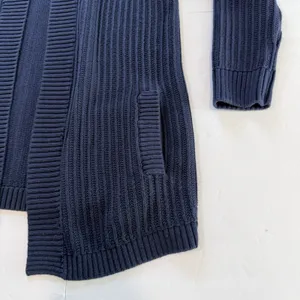 LL Bean Navy Blue Shaker Stitch Cotton Open Cardigan Sweater Pockets Size XL thumbnail 4