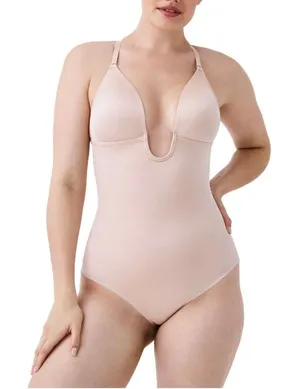 Spanx Suit Your Fancy Plunge Low-Back Thong Bodysuit Champagne Beige 10206R L thumbnail 1