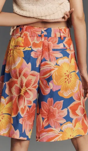 Farm Rio Linen Blend Belted Floral Bermuda Shorts, Size XS thumbnail 1