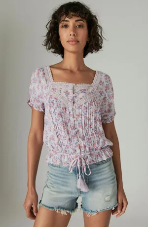 Lucky Brand 7W46342 Lilac Multi Floral Short Sleeve Peasant Top $69.50 EUC M thumbnail 1