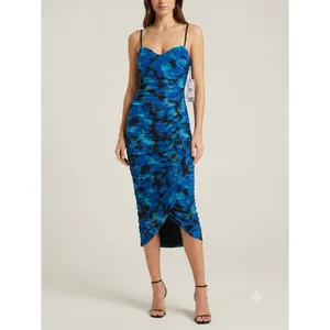 BCX Macys Dress Womens XS Blue Abstract Floral Ruched Mesh Midi Bodycon Slit thumbnail 3