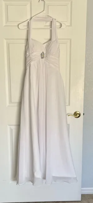 White bridal formal dress with beaded design, halter neck and zip back thumbnail 1