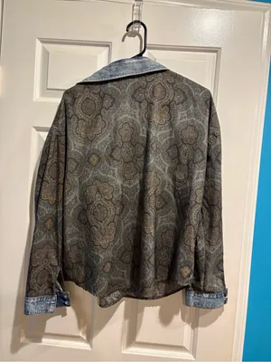 Free People Satin Paisley Button Up Blouse Denim Accents Sz M boho gray blue thumbnail 2