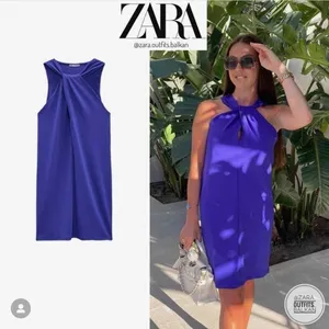 NWT Zara Royal Blue Halter Twist Neck Dress Size Large thumbnail 2