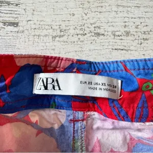 Zara Boho Floral Jogger Style Cotton‎ Lightweight TrouserPants Cropped Red Belt thumbnail 9