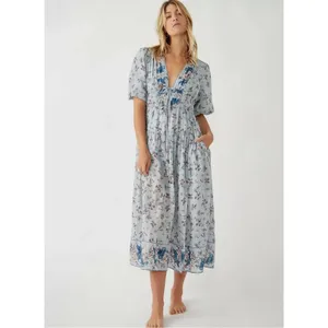 Free People Bohemian Billowy Cottage Lysette Maxi Dress Periwinkle Floral Medium thumbnail 2