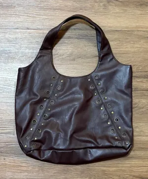 Brown Faux Leather Grommet Studded Hobo Shoulder Bag Slouchy Tote Handbag thumbnail 1