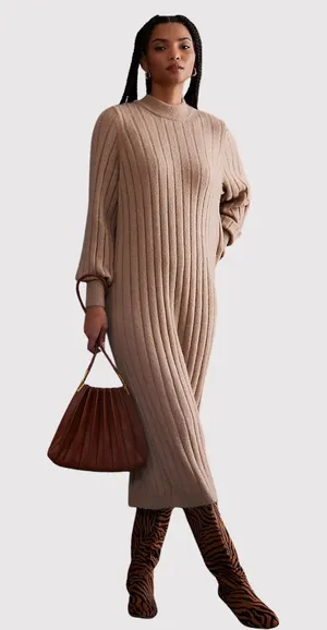 Selected Femme Sweater Dress Brown Glowie Midi Ribbed Knit Long Sleeve Medium thumbnail 1