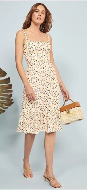 Reformation Cream Fruit Print Tancy Midi Dress Ruffle Hem Size 12 thumbnail 1