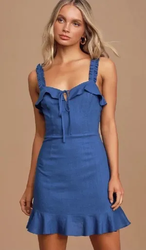 Lulus Days Like This Royal Blue Sleeveless Ruffled Linen Blend Mini Dress Sz XS thumbnail 1