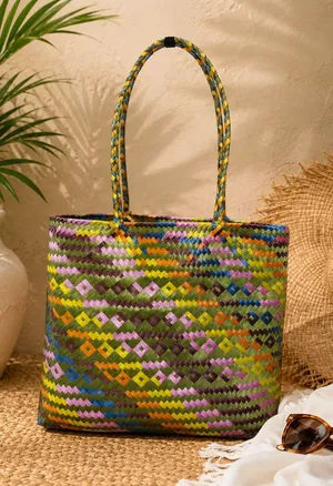 Large Colorful Mexican Woven Straw Tote Bag Market Beach Boho Handmade thumbnail 1