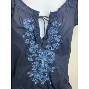 Abercrombie & Fitch Navy Off Shoulder Top Puff Sleeves Floral Embroidery S thumbnail 2
