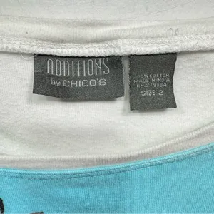 Chico’s Additions White with Teal & Black Flower 3/4 Sleeve 100% Cotton Top thumbnail 4