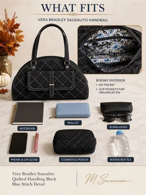 Vera Bradley Sausalito Quilted Handbag in Black Microfiber & Blue Stitch Detail thumbnail 6