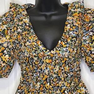 NWT Plunge Smocked Cotton Floral Mini Dress Yellow Black Blue XS thumbnail 3