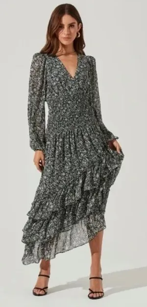 ASTR‎ The Label Floral Smocked Tiered Midi Dress Black White Purple Medium thumbnail 1