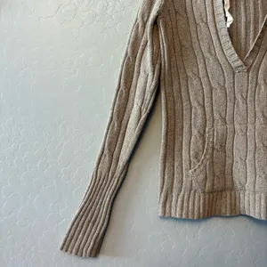 Hollister Y2K beige cable knit hooded deep v-neck rabbit hair sweater large thumbnail 8