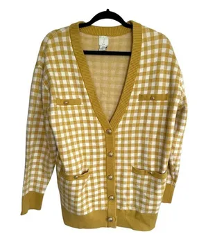 Joie Womens‎ M Oversized Butter Yellow Gingham Cardigan Preppy Academia Grandpa thumbnail 1