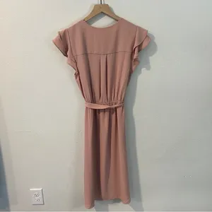 Monteau‎ Pink Crepe Chiffon Button Front V-Neck Flutter Cap Sleeve Midi Dress L thumbnail 6
