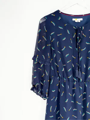 Boden Iona Rainbow Print Tie‎ Front 3/4 Sleeve Chiffon Knee Length Dress 6 Blue thumbnail 4
