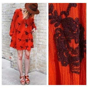 Free People Orange Embroidered Floral Mini Dress Back Cutout XS Whimsigoth Boho thumbnail 2