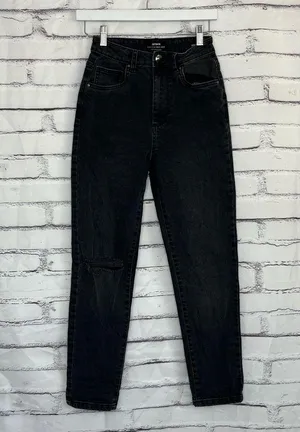 Y2K Cotton On High Rise Stretch Mom Jeans Black Distressed Preppy Size 4 Grunge thumbnail 1
