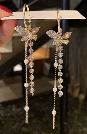 Gold Butterfly Crystal Pearl Long Tassel Dangle Drop Earrings for Women thumbnail 4