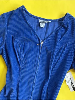 Vintage 80s Deadstock Blue Corduroy Short Sleeve Zip-Front Dress thumbnail 6