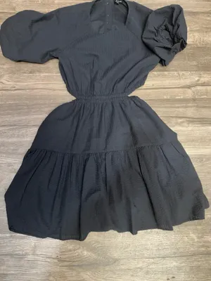 Madewell Black Textured Puff Sleeve Cutout Midi Dress Size Medium thumbnail 5