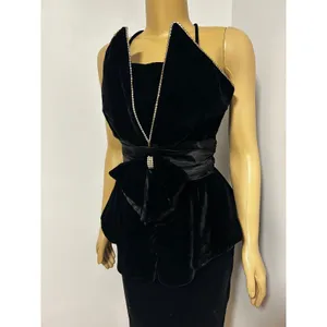 Vintage Night Way Black Velvet Peplum Dress Rhinestone Bow Halter 80s Glam 12 thumbnail 2