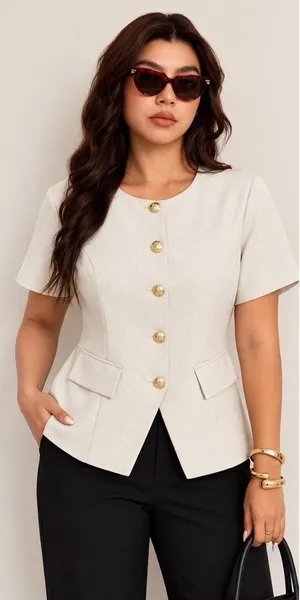 SHEIN Women’s Short Sleeve Blazer Tops Gold Buttons Set of 2 size 1XL ( 14 US ) thumbnail 1