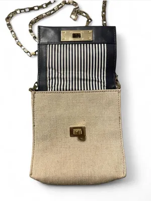 Kate‎ Spade Dark Navy Beige Fabric Crossbody Bag Gold Chain thumbnail 3