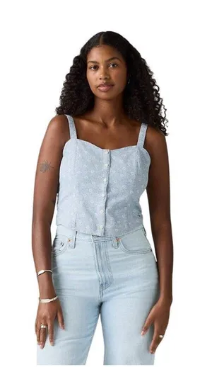 NWT Levi's Adore Bustier Adjustable Strap Shirt Top Blue Indigo Floral Blue XL thumbnail 1