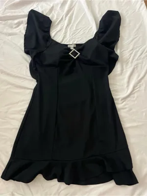 Black ruffle sleeve Mini Dress with Rhinestone Accent thumbnail 1