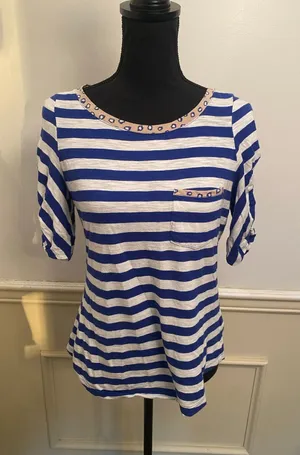 Anthropologie Postmark Blue White Striped Mixed Media Pocket Tee Ruched Sleeve thumbnail 1