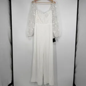 Lulus White Mesh Overlay Embroidered Jumpsuit Size M Bridal Bachelorette Wedding thumbnail 3