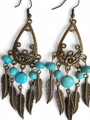 Handmade Bronze Teardrop Chandelier Earrings Turquoise & Feathers thumbnail 3