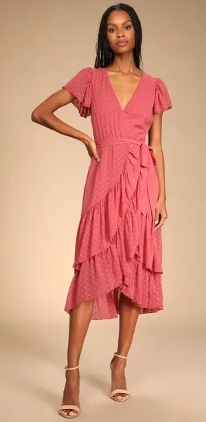 Lulus Have Harmony Swiss Dot Ruffled Faux Wrap Midi Dress in Mauve Size Medium‎ thumbnail 1