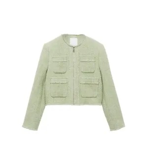MNG Mango Italian Wool Tweed Jacket Light Green Cropped Zip ENA 77046358 XXL NEW thumbnail 4