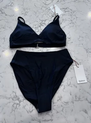NWT Quince Black Italian V Neck Bikini Top & High Rise High Leg Bottom Small thumbnail 1