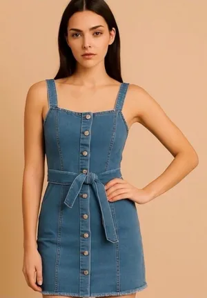 rewash Button-Front Denim Dress with Waist Tie blue small nwt thumbnail 1
