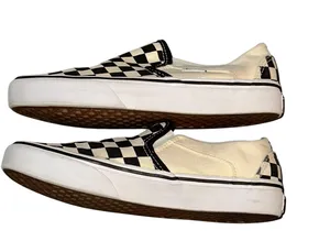 Vans cream and black canvas checkered sneakers thumbnail 4