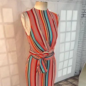 Alice & Olivia Delora colorful vertical striped wrap tie waist midi dress size 2 thumbnail 7